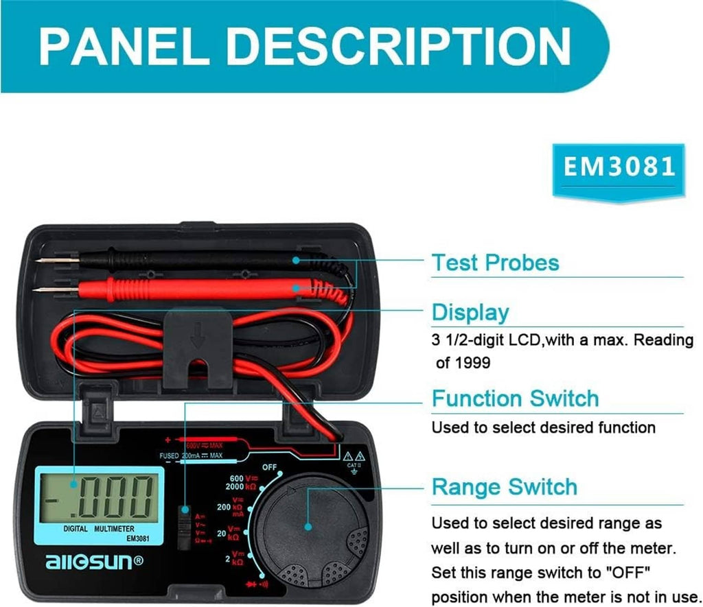 RivetOak allsun Manual Range Mini Digital Multimeter 6 Functions Handheld Black & Red