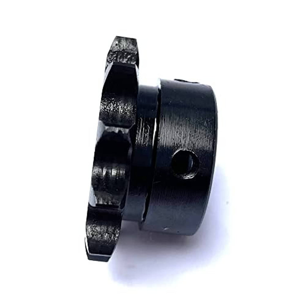 Side view of black #40 roller chain sprocket with 11 teeth and bore