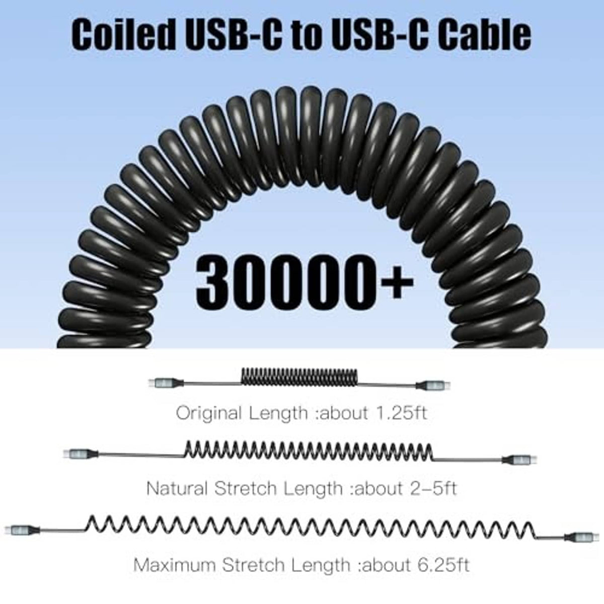 Coiled black USB-C to USB-C cable showing stretched coil length between connectors