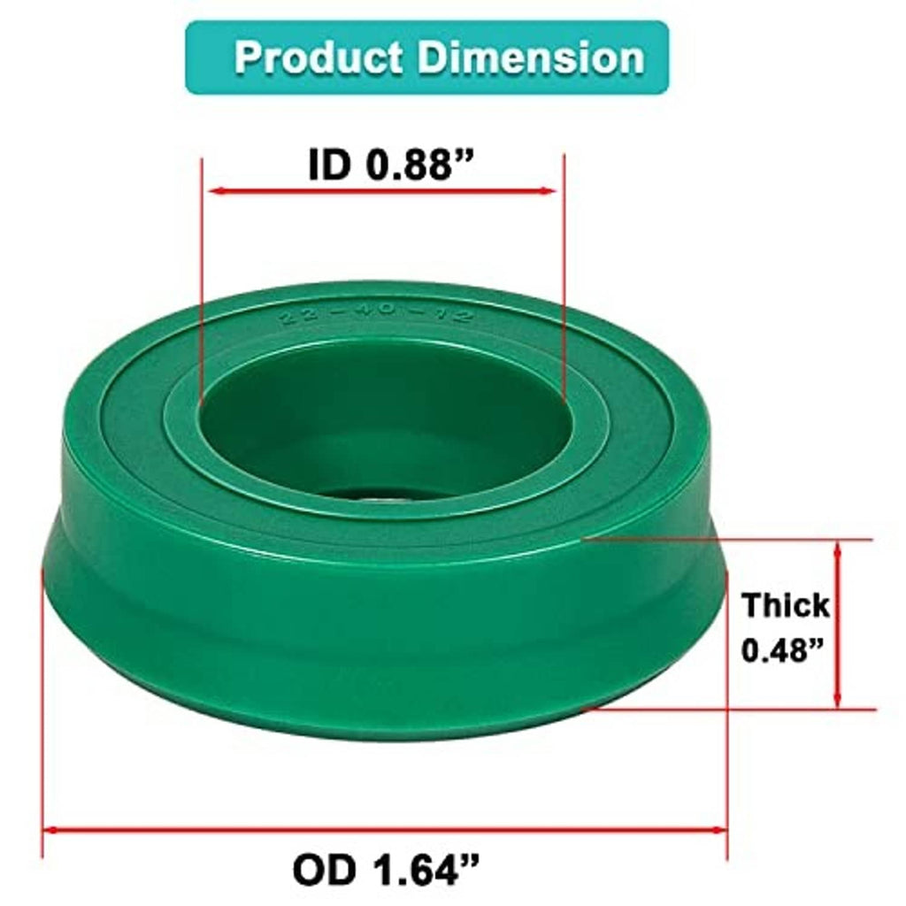 Green U-cup seal with labeled ID and OD, rubber gasket replacement