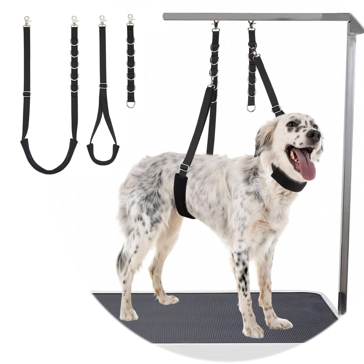 Dog grooming belly strap restraint set with adjustable black straps and snap hooks