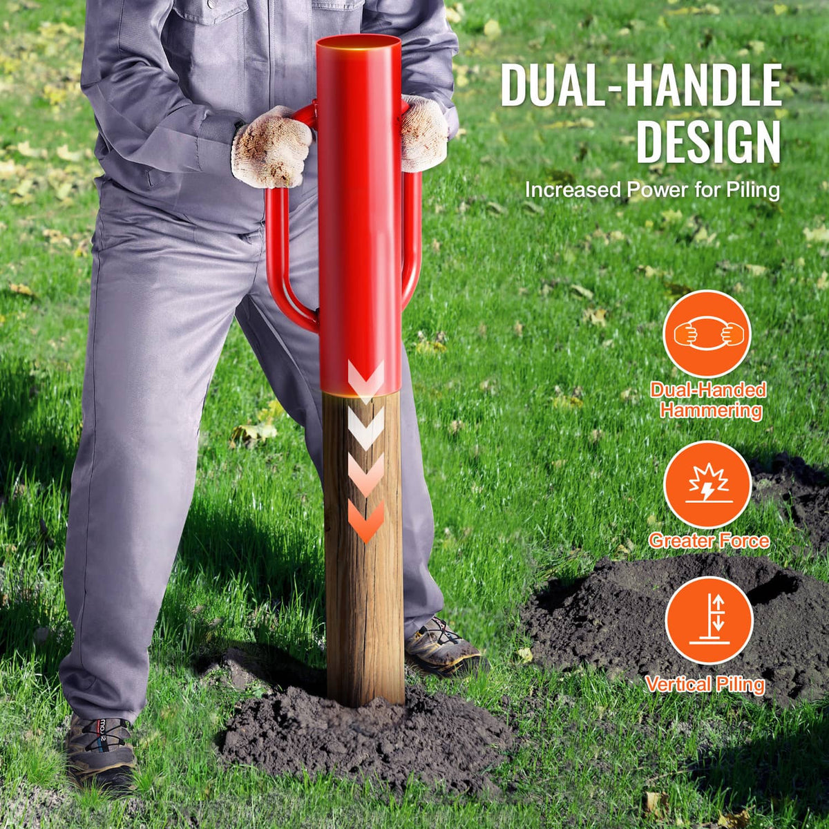 Fence post pounder tool driving a T-post into soil with dual handles