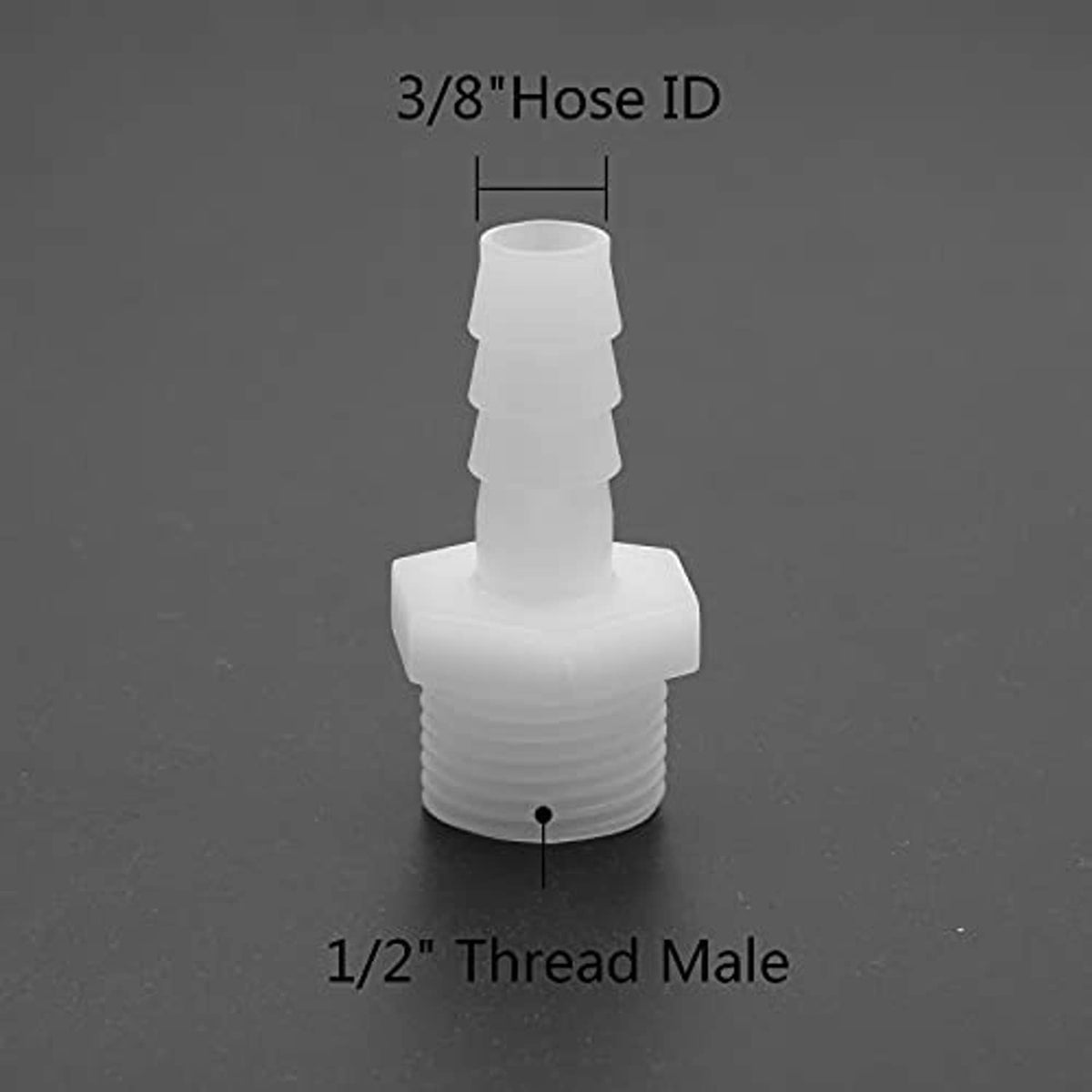 Plastic hose barb adapter, 1/2 in NPT male thread with 3/8 in barbed hose connection