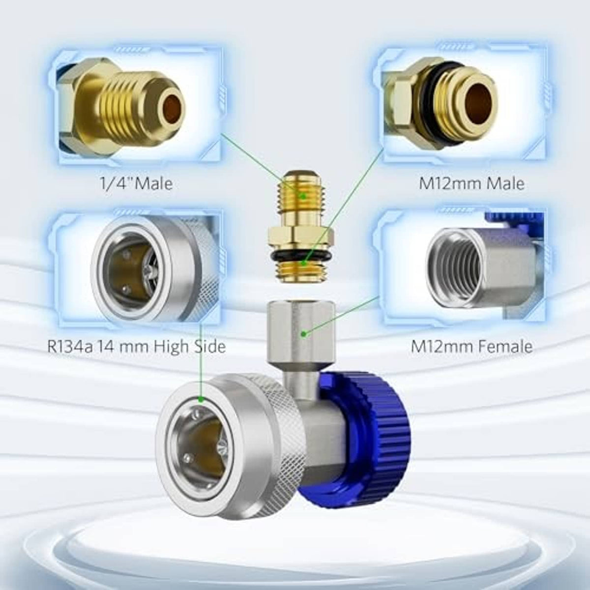 Adjustable R134a coupler adapter with brass male fitting and silver threaded female port