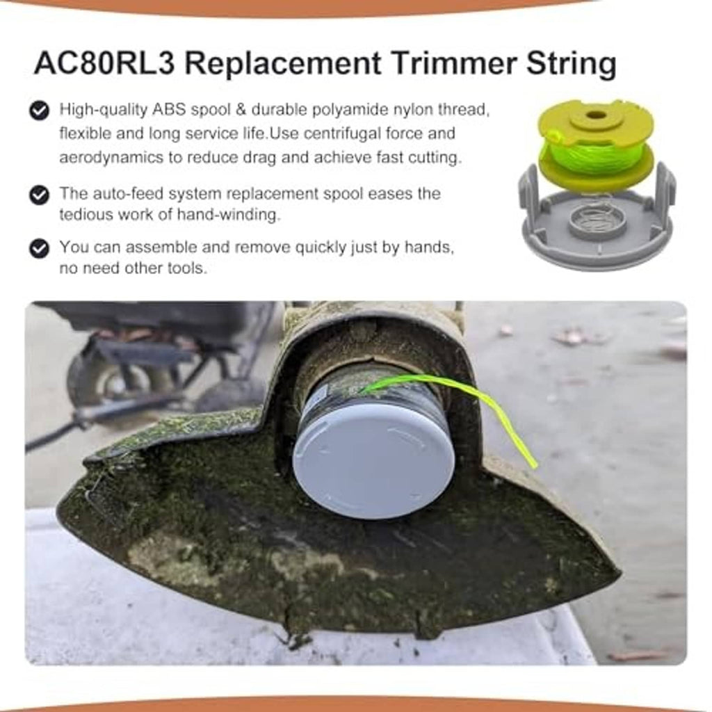 Gray trimmer spool cap with green cutting line and coiled spring for outdoor trimming