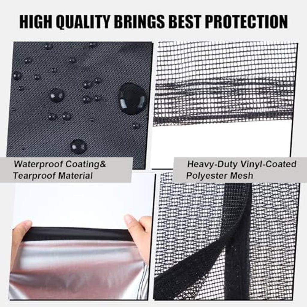 Black air conditioner cover fabric close-up with waterproof and heavy-duty mesh details.