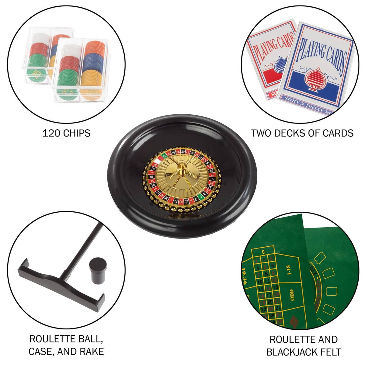 Roulette set accessories: roulette ball rake, chips, card decks, and roulette felt layout