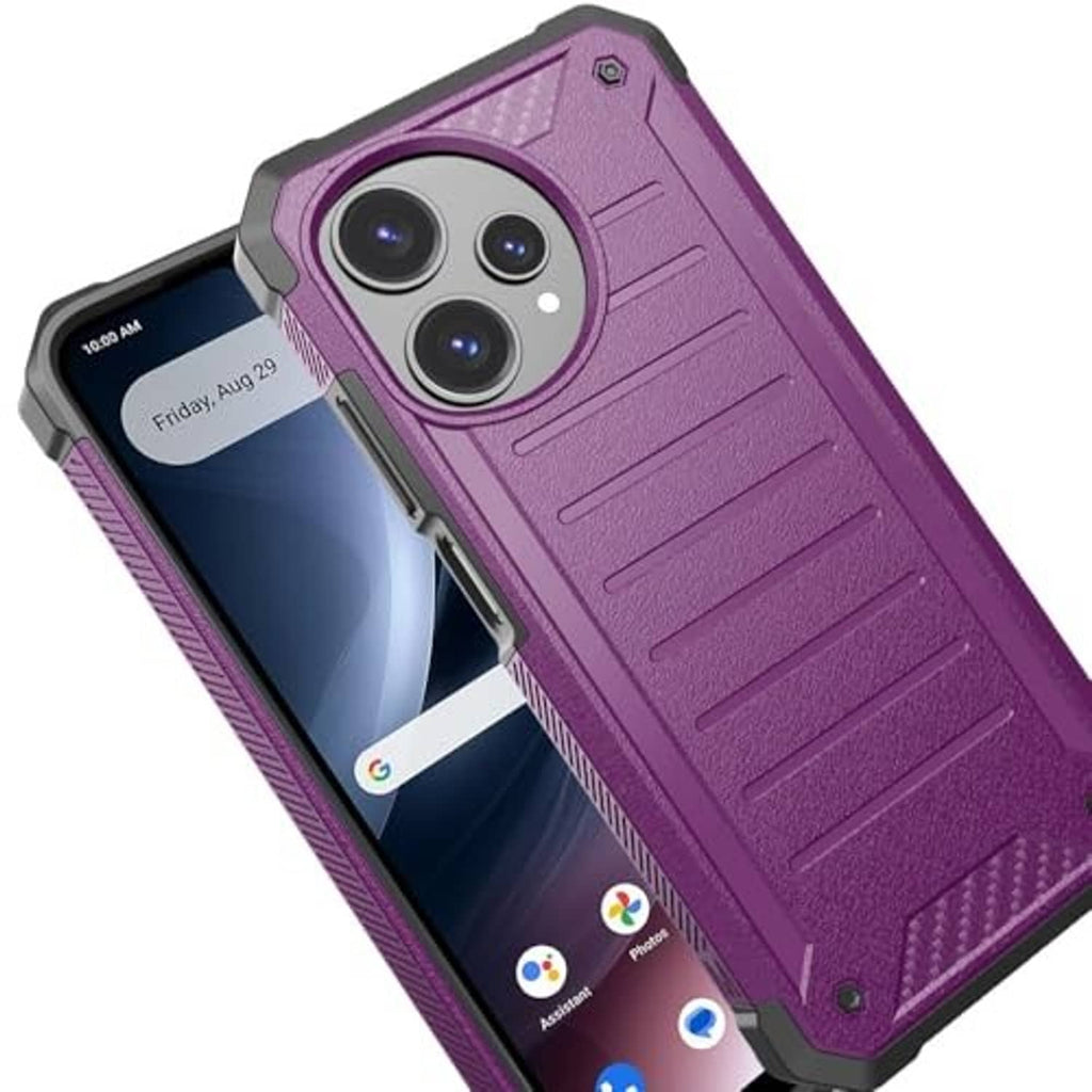 Purple textured phone case with triple-camera layout and raised edge protection