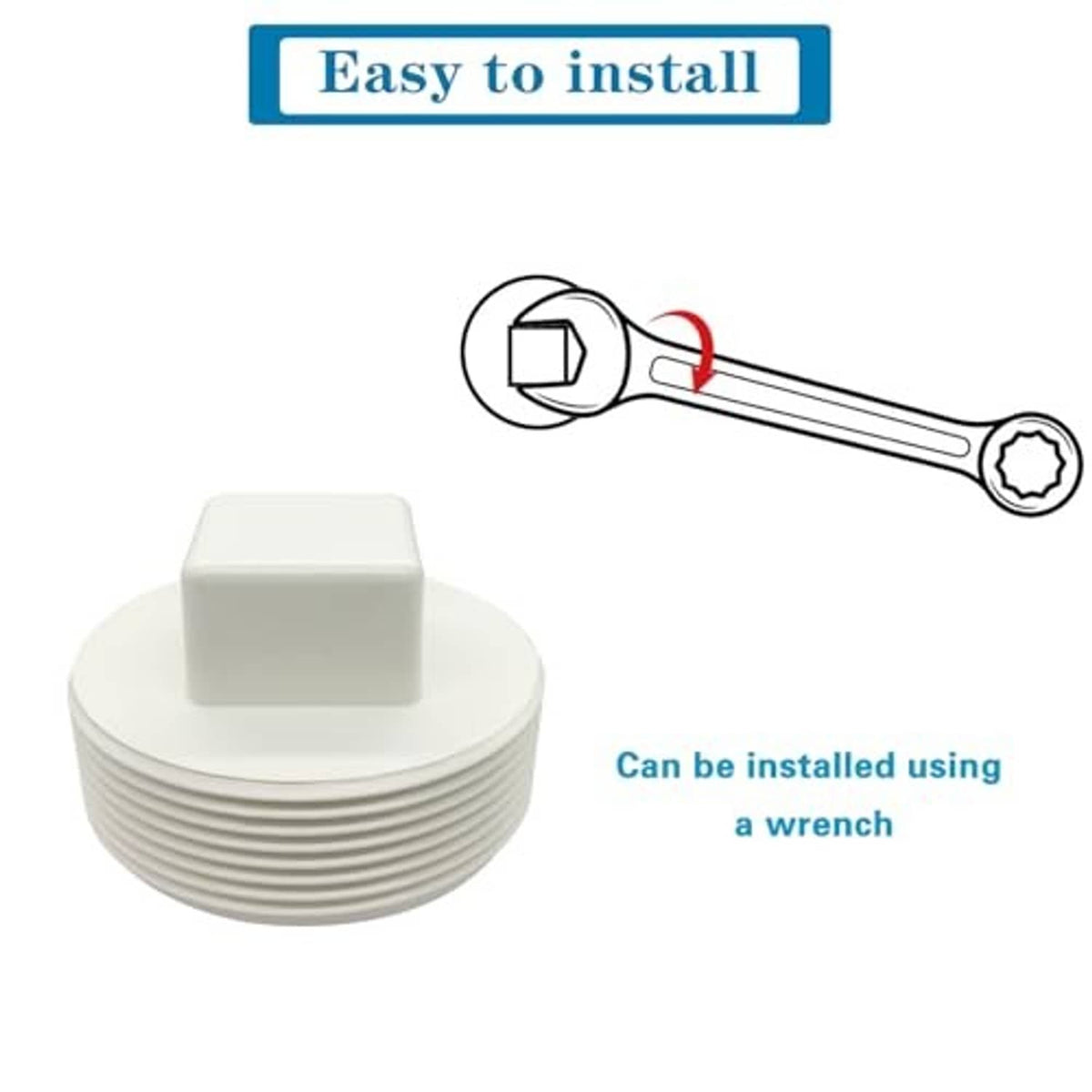 White PVC cleanout plug with square top, shown with a wrench for installation