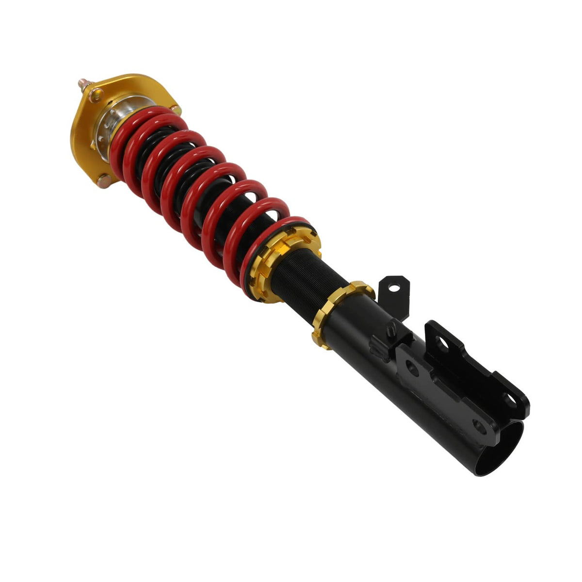 Coilover strut assembly with red spring, black damper, and gold adjustment hardware