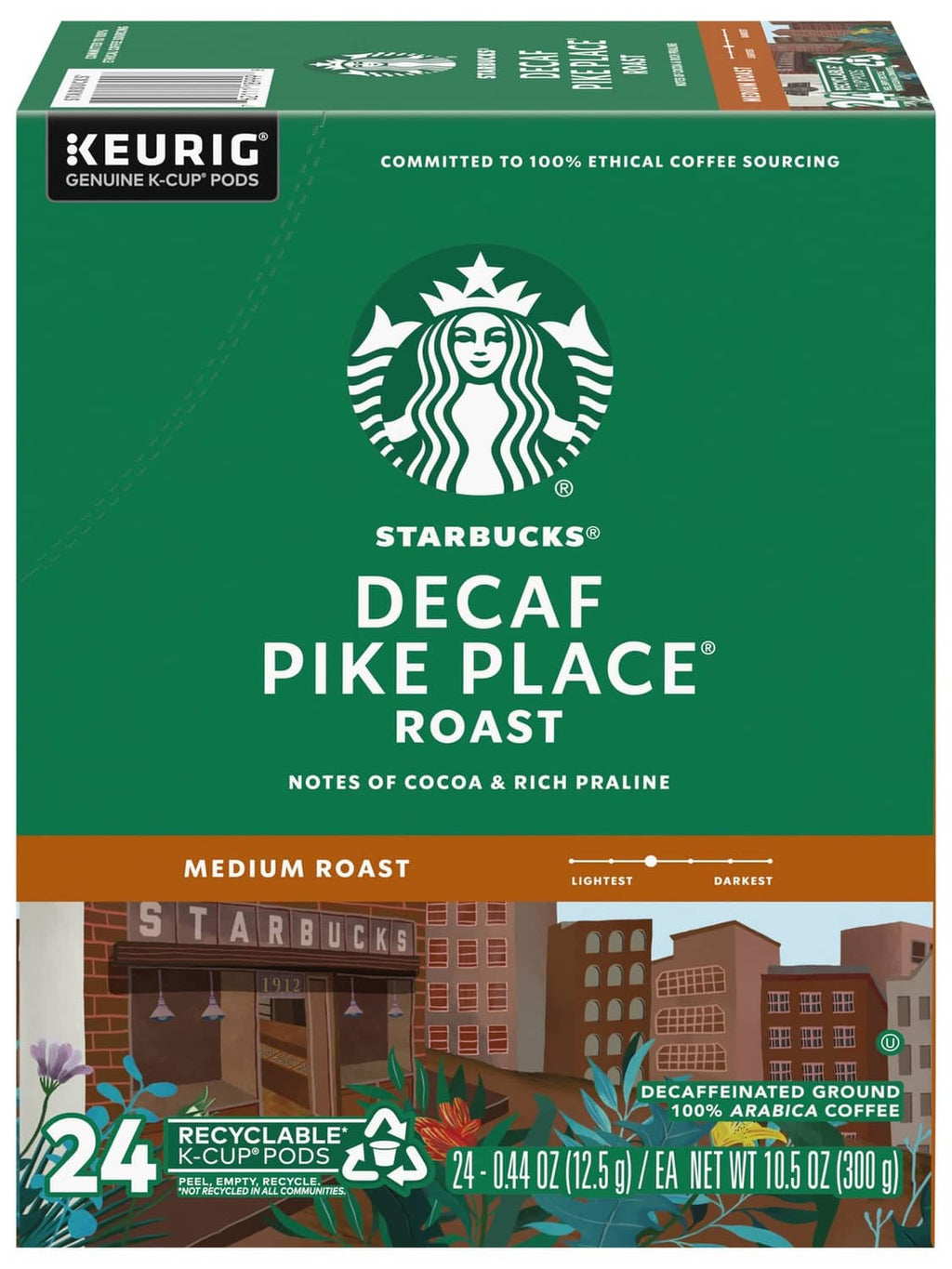 Starbucks Decaf Pike Place K-cup pods box front, green medium roast, 24 count