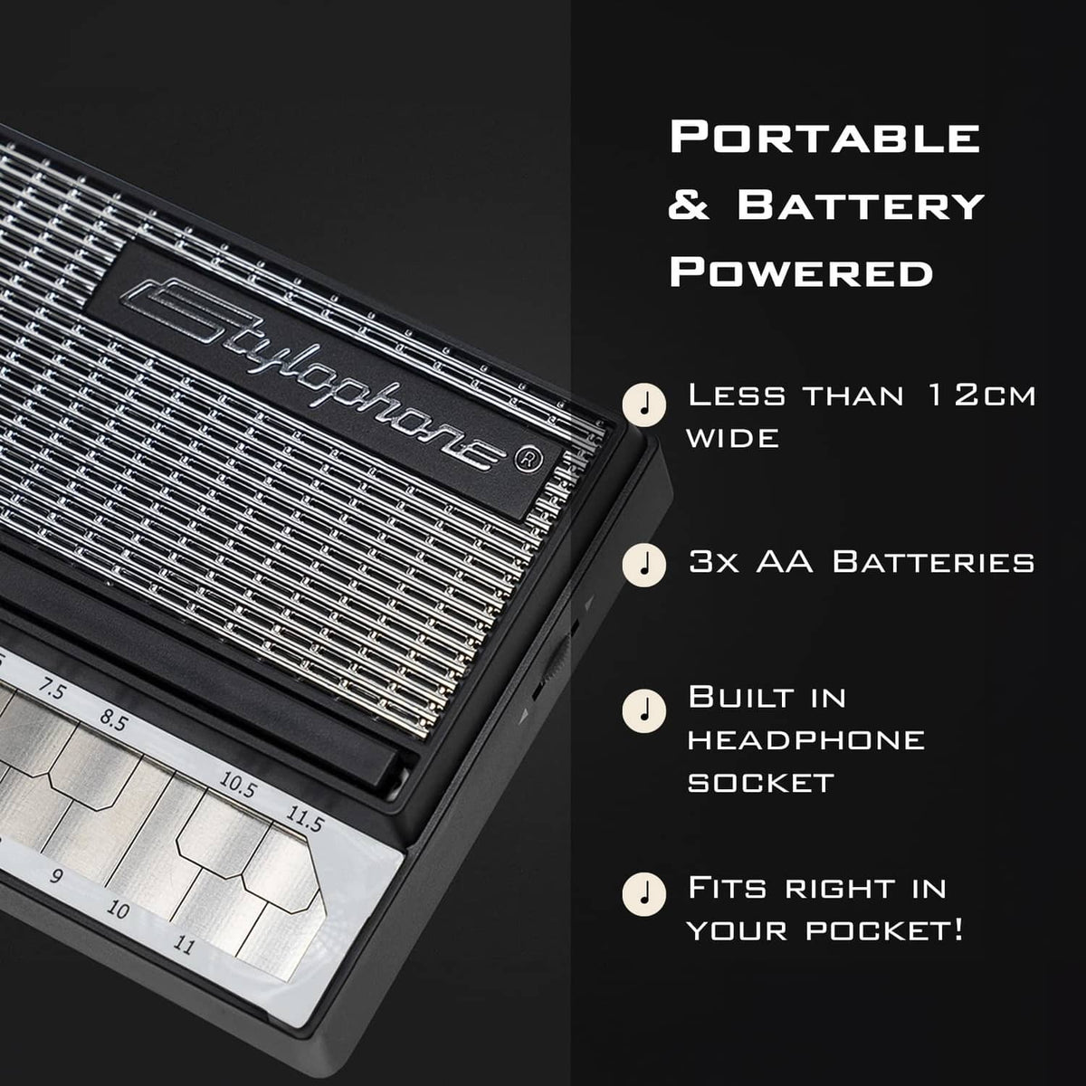 Compact black Stylophone pocket synthesizer with keyboard keys and angled face