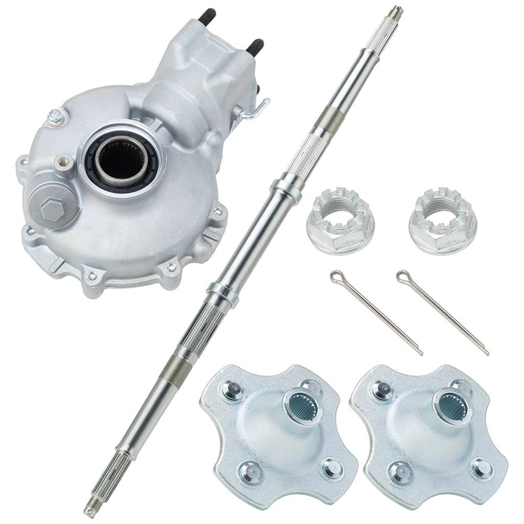 Rear differential axle hub assembly with axle shaft and mounting nuts, silver metal