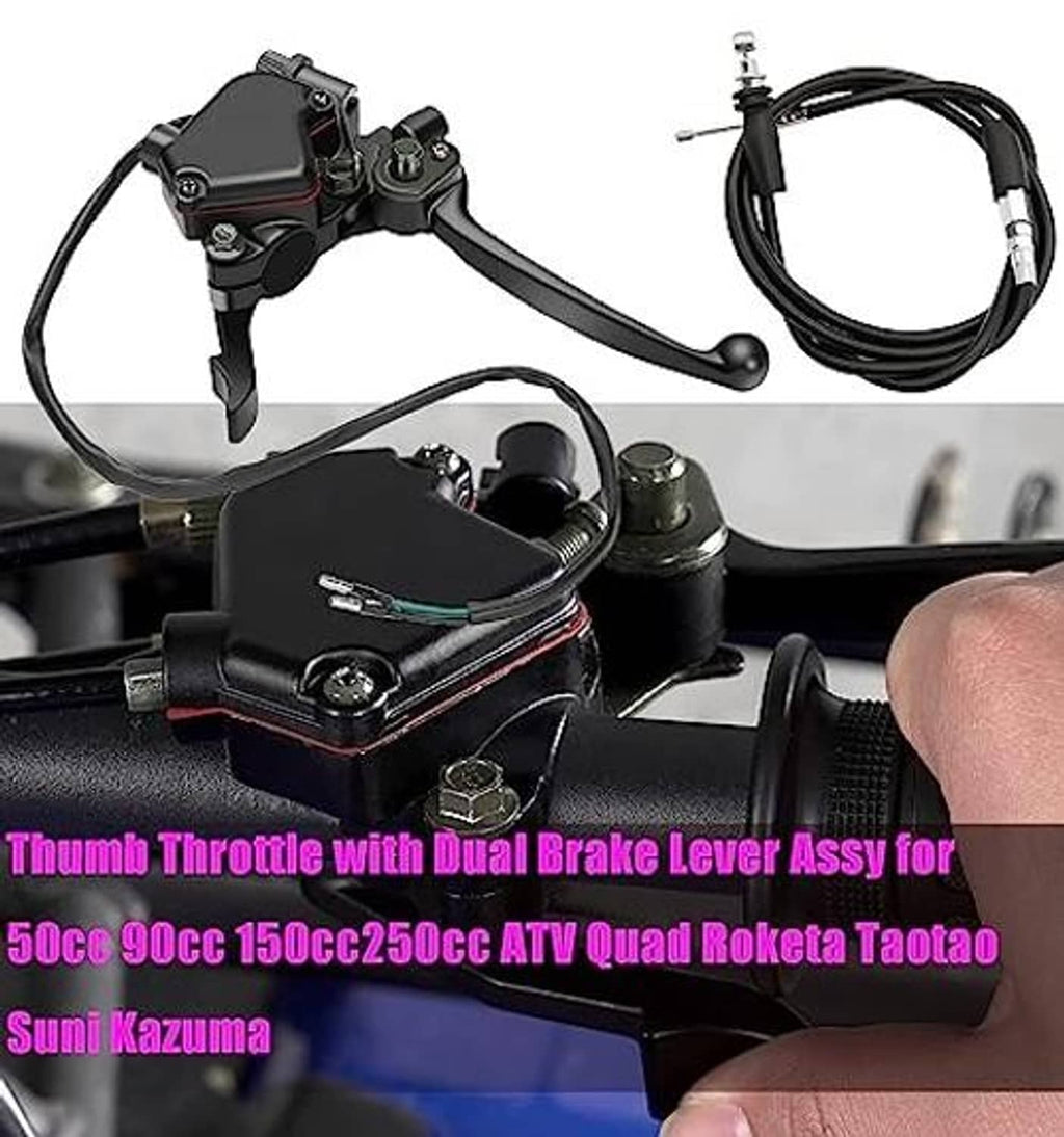 Thumb throttle with dual brake lever held in hand, showing black control housing.