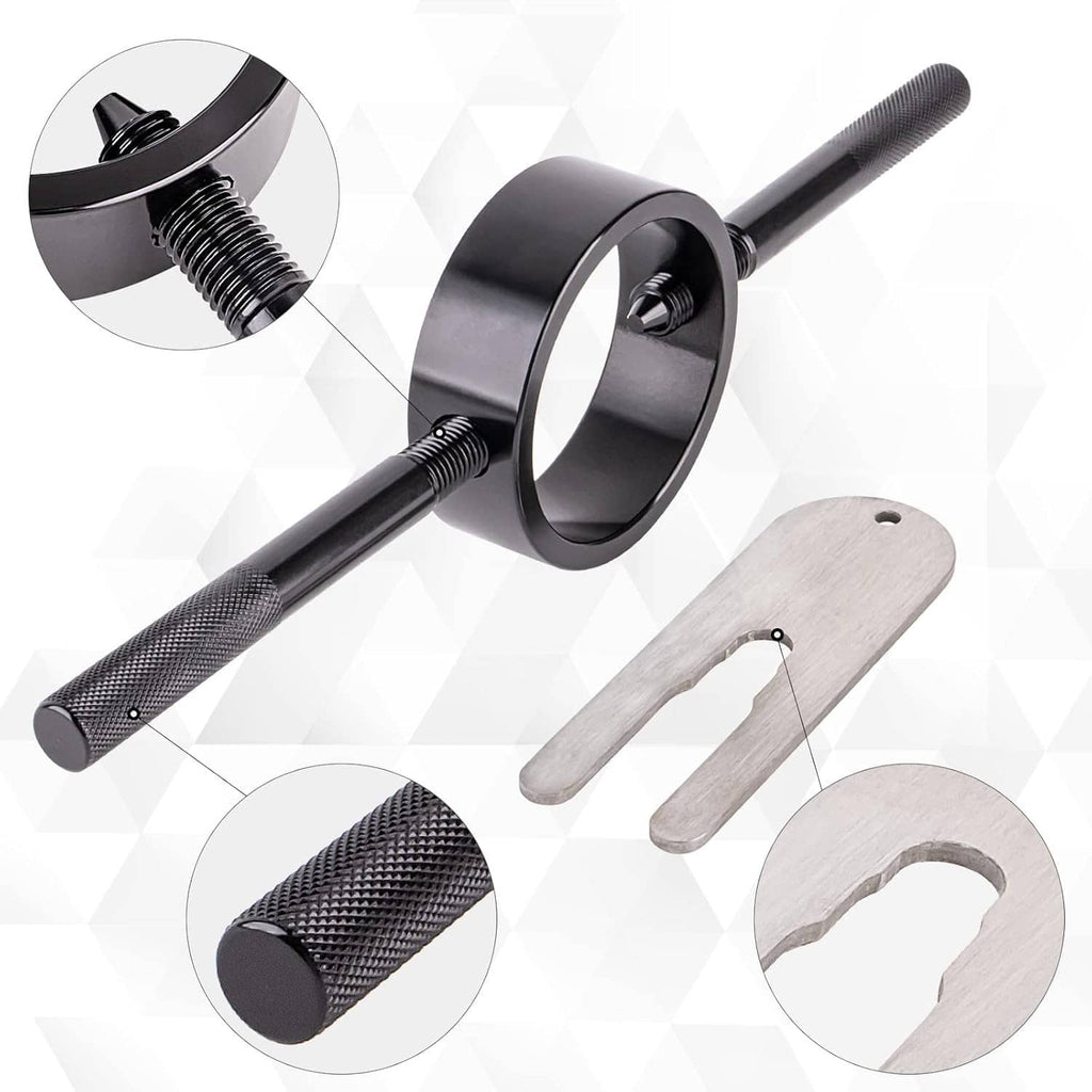 Fork spring compressor tool kit: black ring, threaded shafts, and two silver support plates