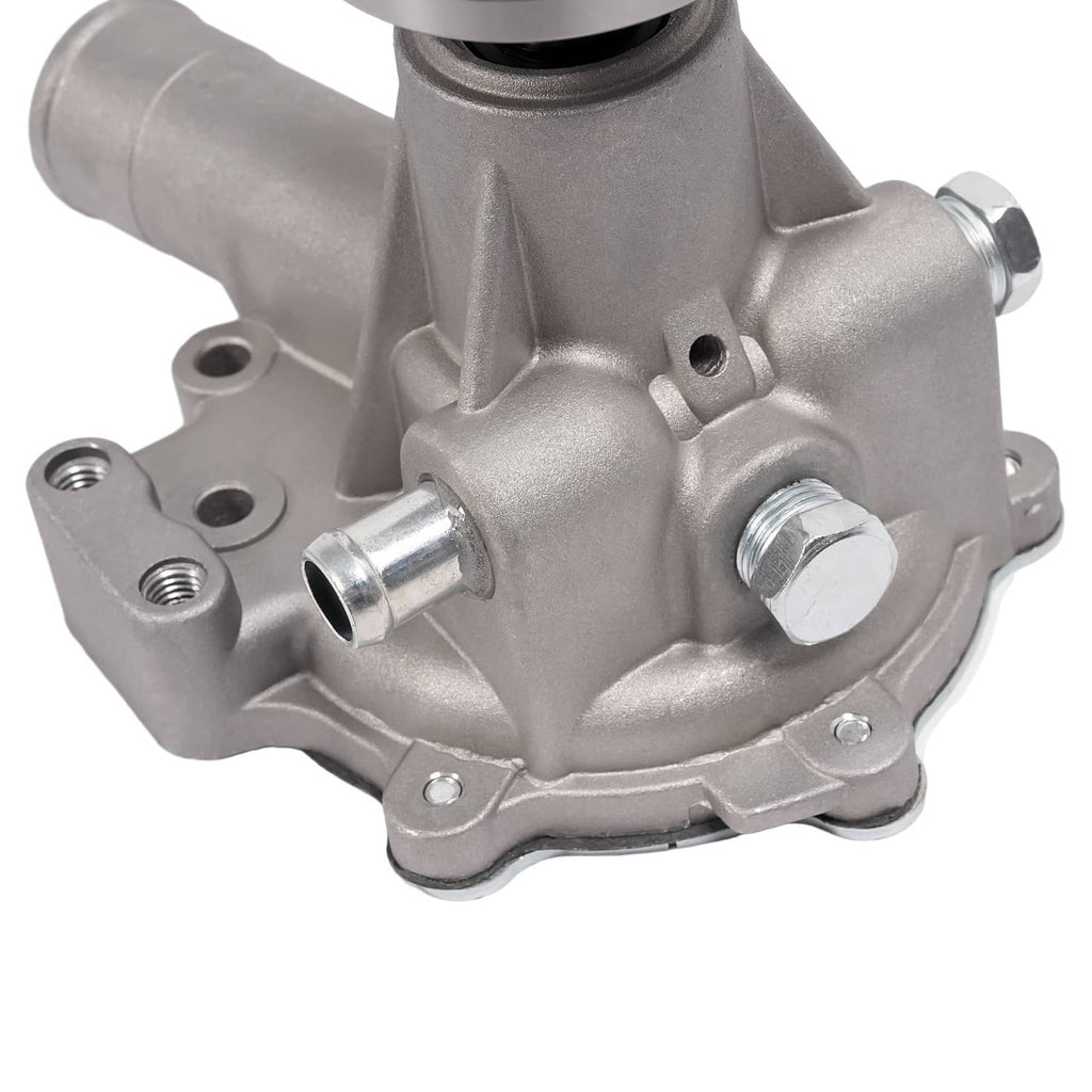 Water pump assembly with side outlet fitting and hex bolt ports, silver metal