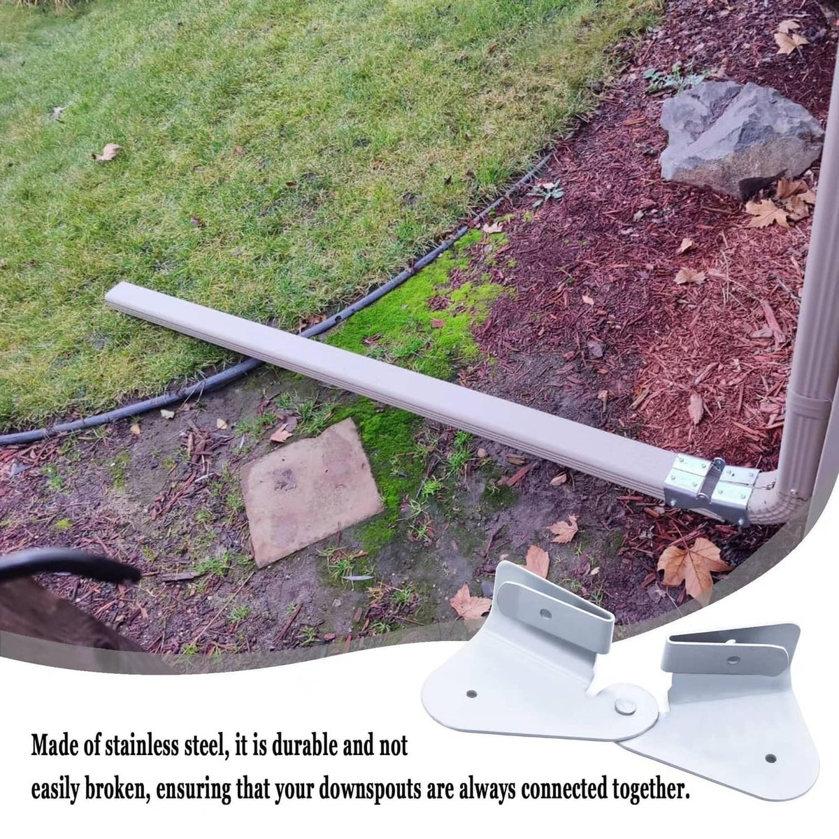 White downspout flip-up hinge extension with center pivot and mounting plate on pipe
