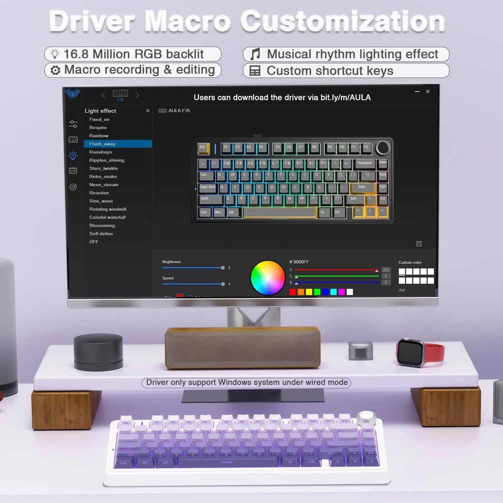 Mechanical keyboard with RGB backlit keys and white case, top knob visible