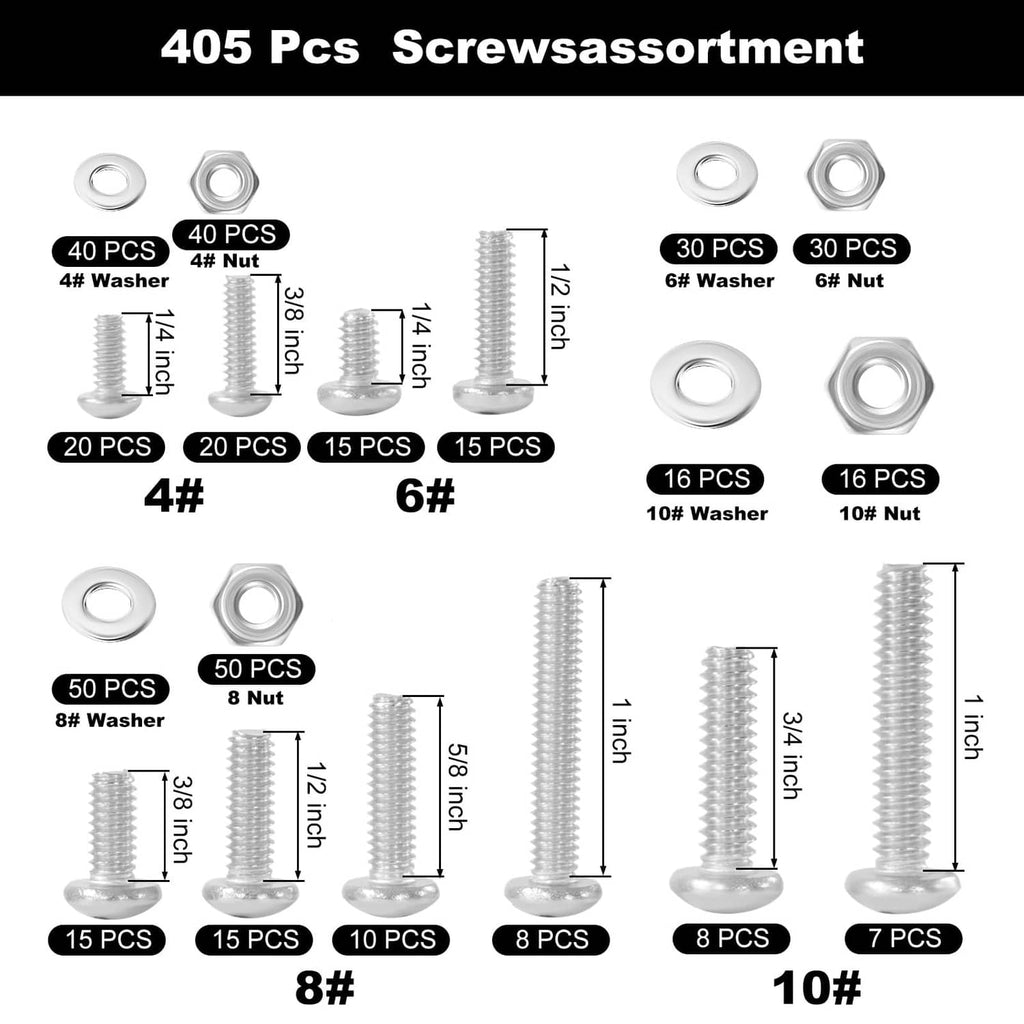 Screw assortment chart showing 4#, 6#, 8#, and 10# washer and nut counts, silver