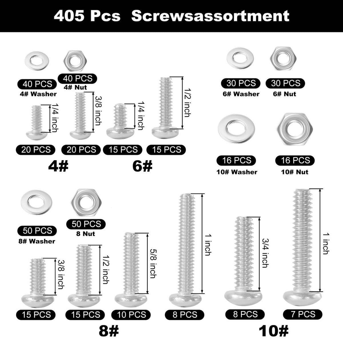 Screw assortment chart showing 4#, 6#, 8#, and 10# washer and nut counts, silver