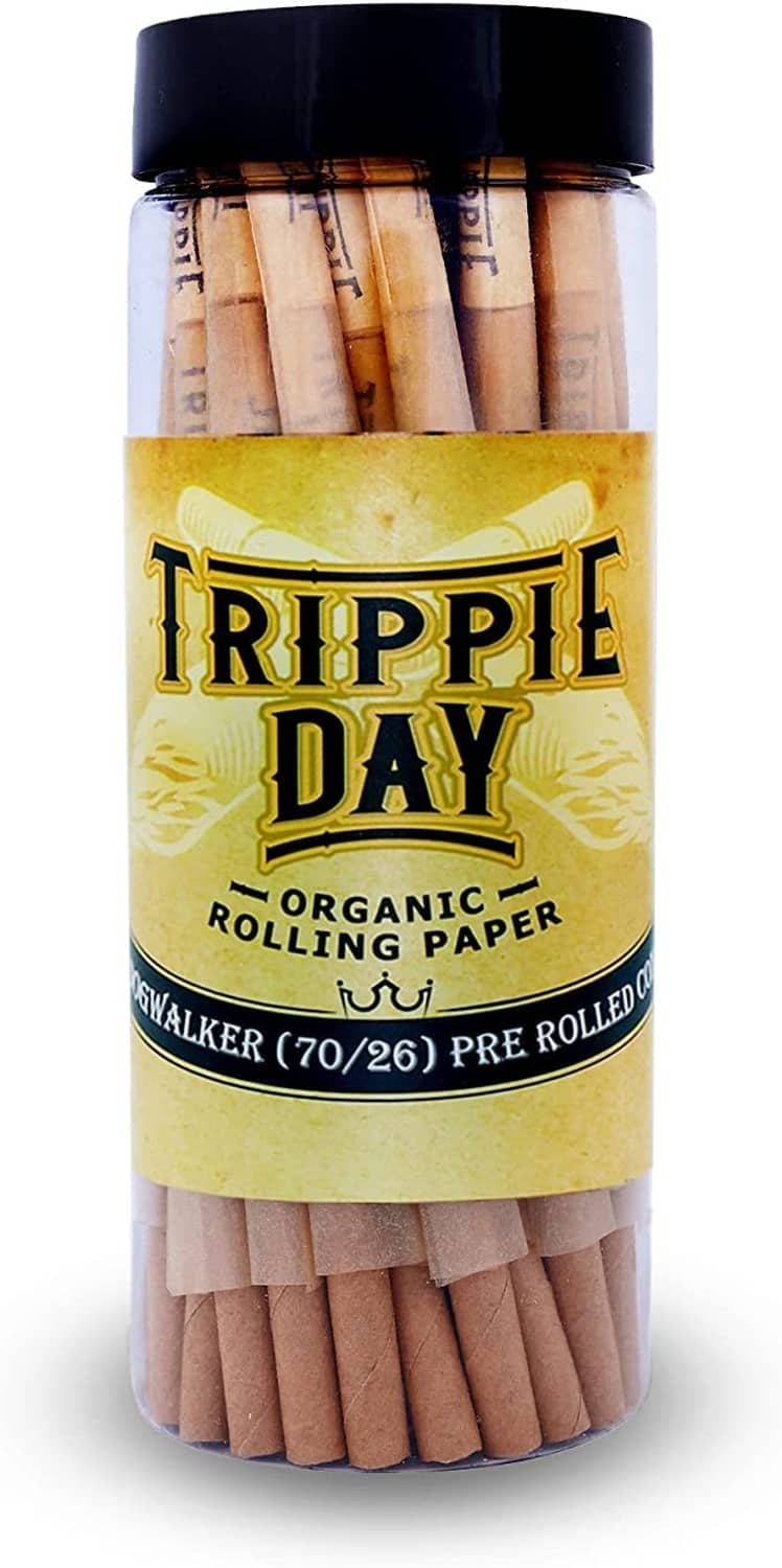 Brown organic pre-rolled rolling paper cones in jar with black lid