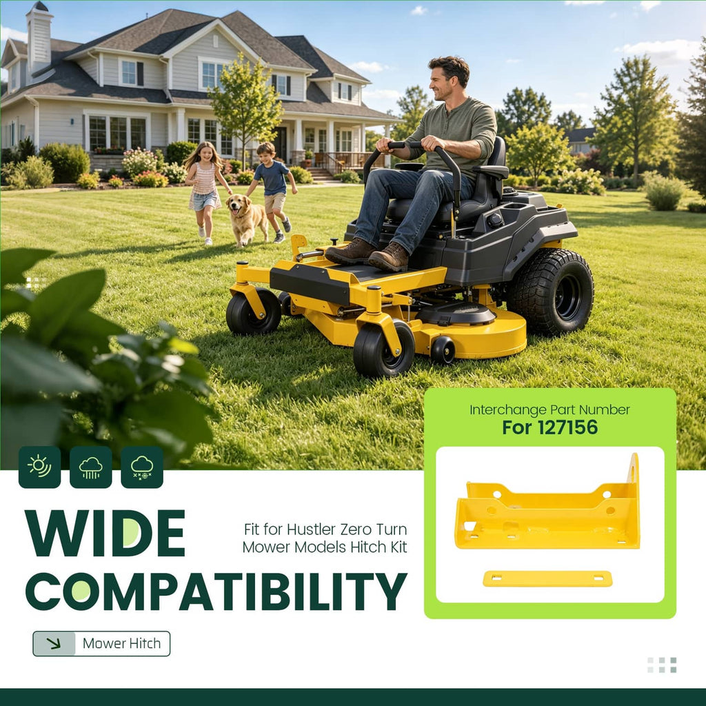 Yellow mower hitch kit bracket shown on a zero-turn mower