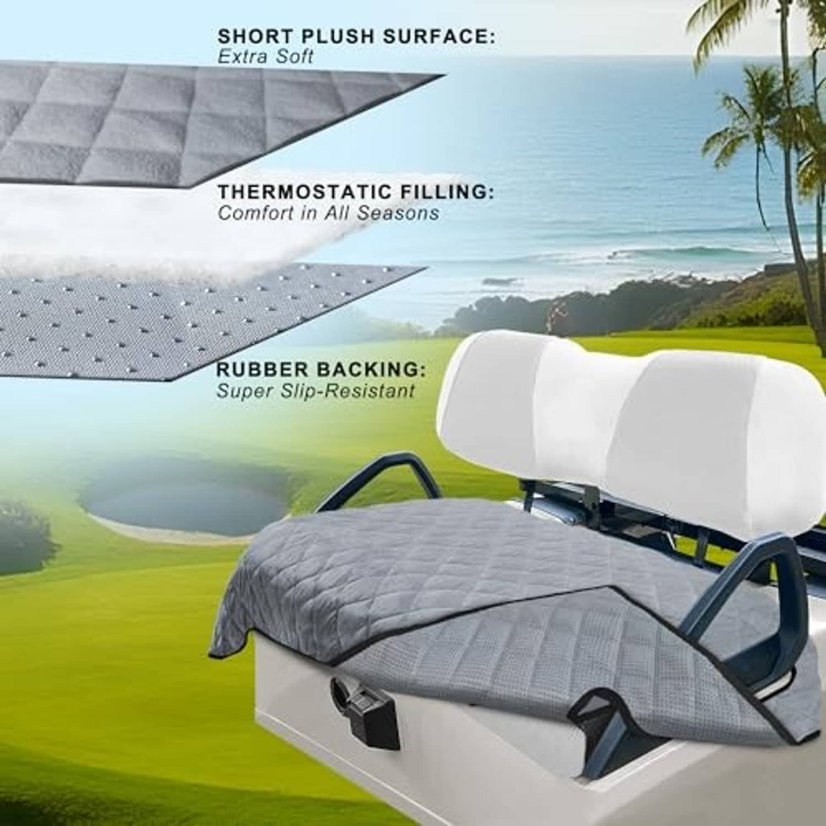 Light gray quilted plush golf cart seat cover set for back and bottom