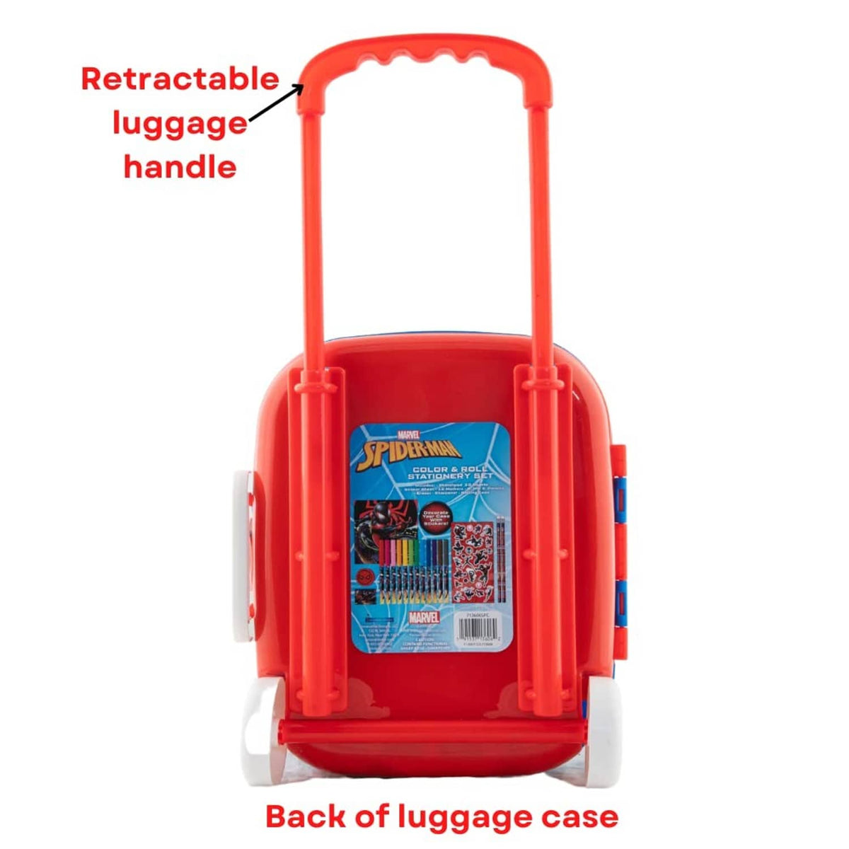 Red back of rolling luggage-style case with Spider-Man label and wheels