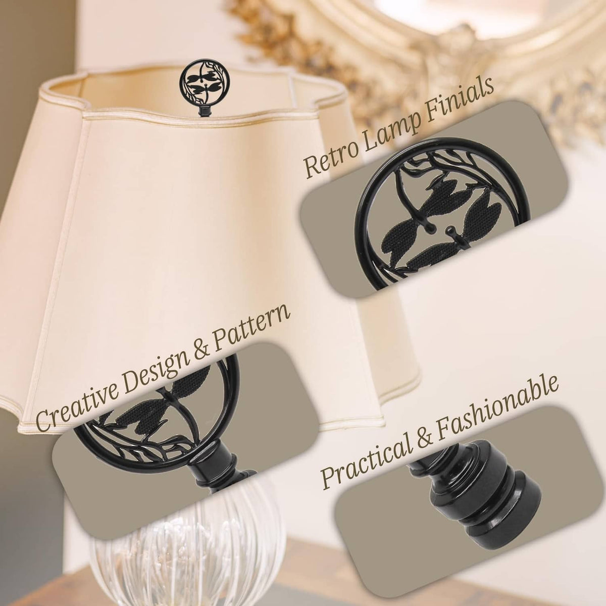Black double dragonfly lamp finial on lamp shade, round medallion with threaded stem
