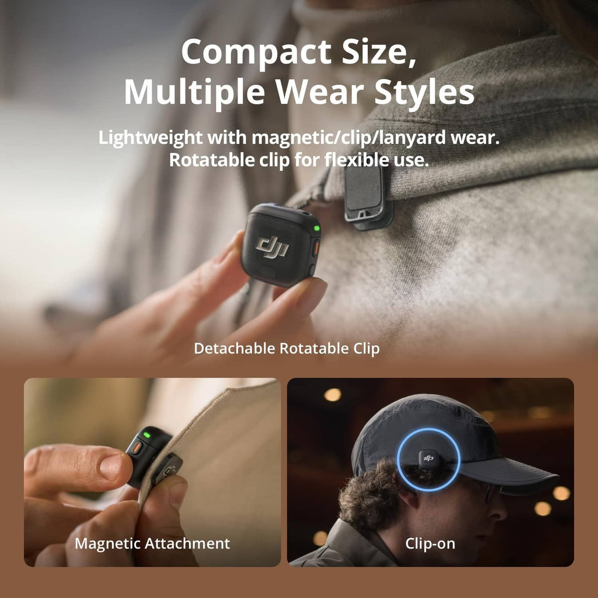 Black wireless lavalier transmitter with clip and lanyard attachment