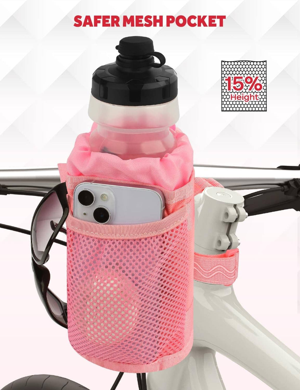 Pink mesh pocket bottle holder mounted on a bike handlebar