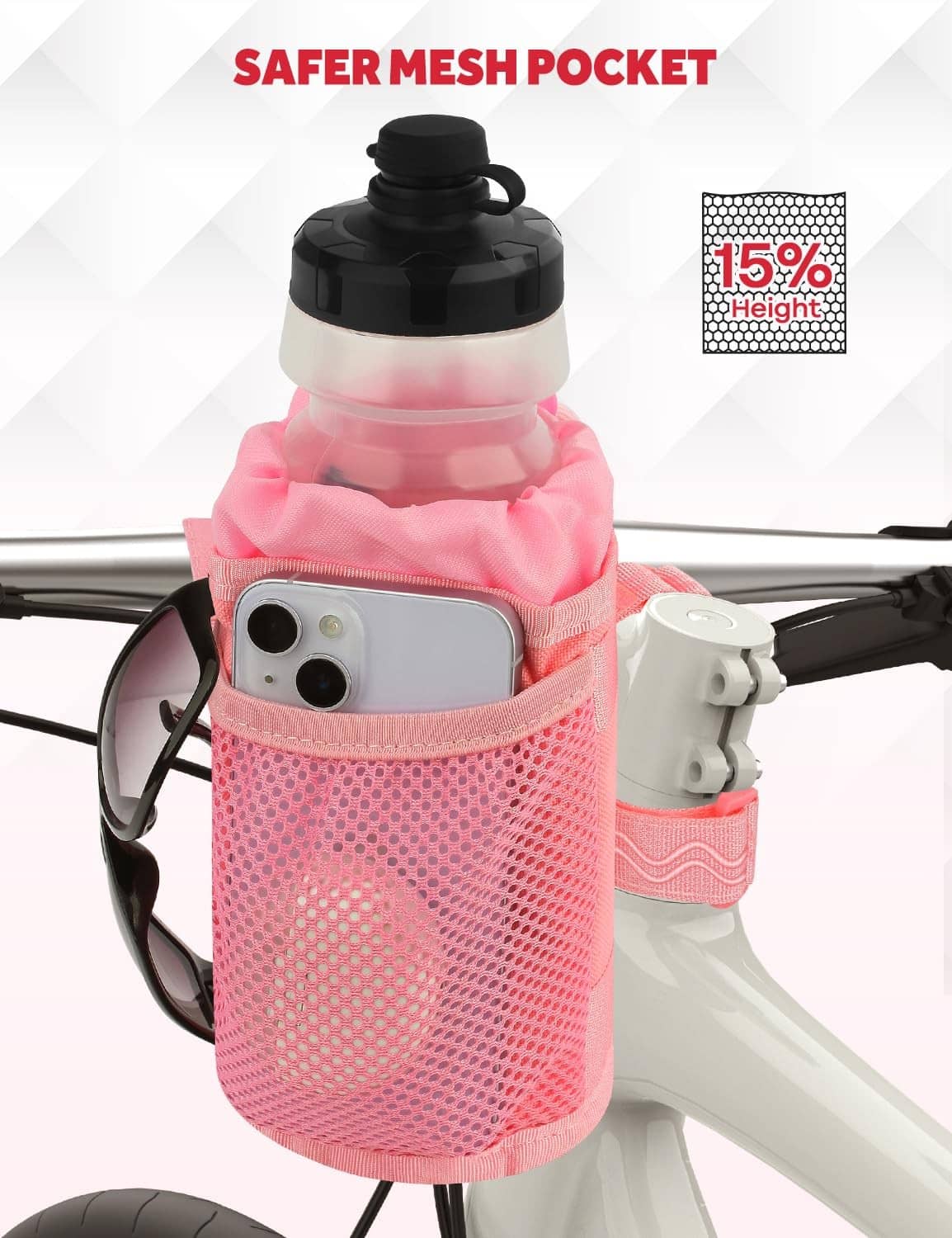 Pink mesh pocket bottle holder mounted on a bike handlebar