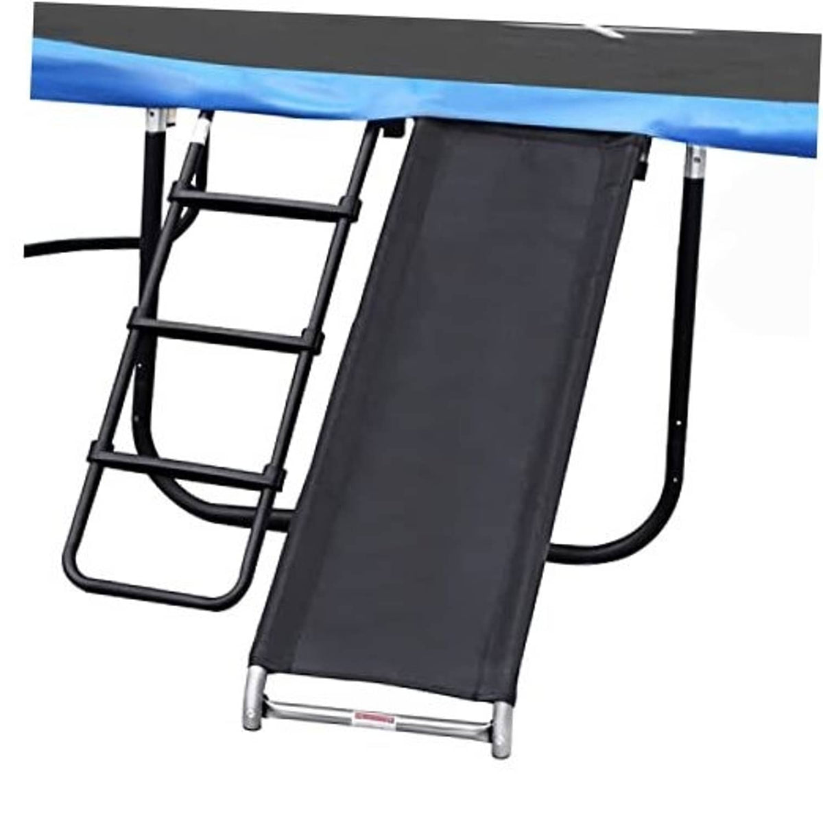 Trampoline slide ladder with black steps and dark slide panel on metal frame