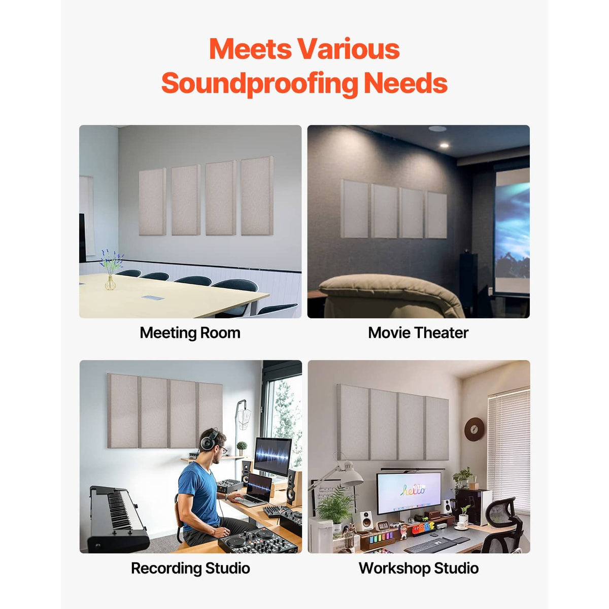Camel acoustic wall panels shown in multiple room setups, rectangular fabric boards