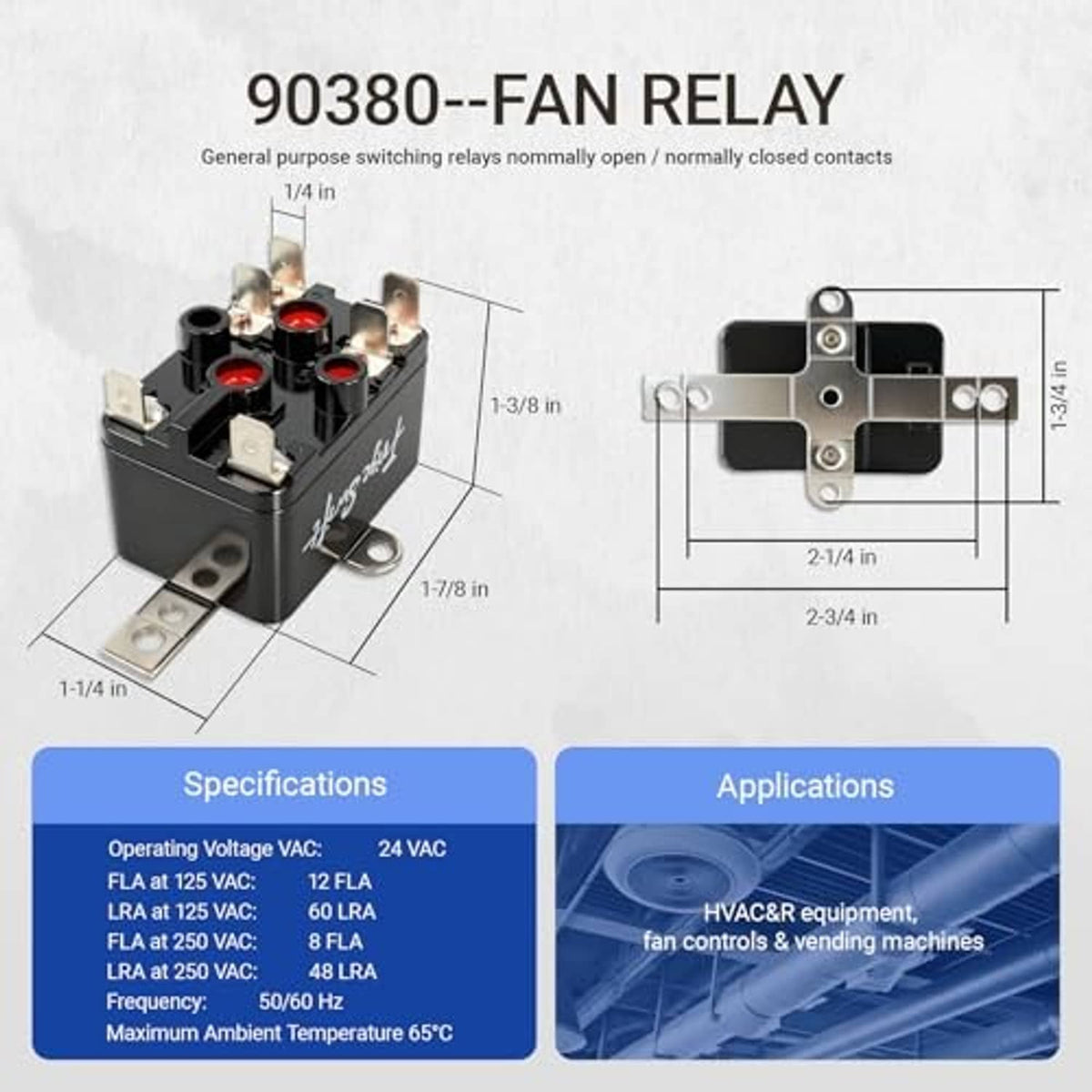 Fan relay diagram with 90380 label, contact layout, and dimensional measurements