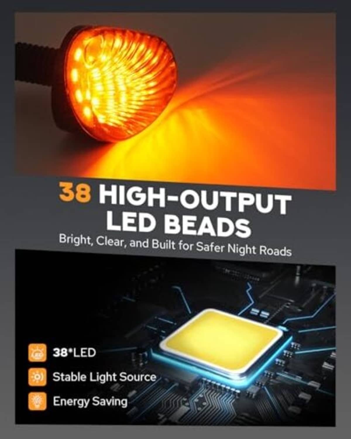 Amber-lit smoked oval LED turn signal light with black mounting base and wire