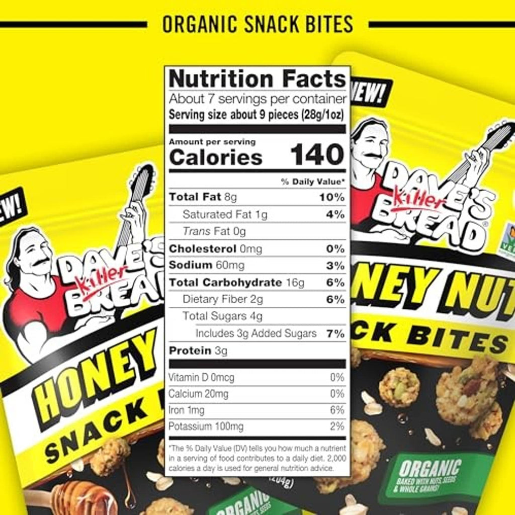 Nutrition Facts panel for Honey Nut organic snack bites pouch