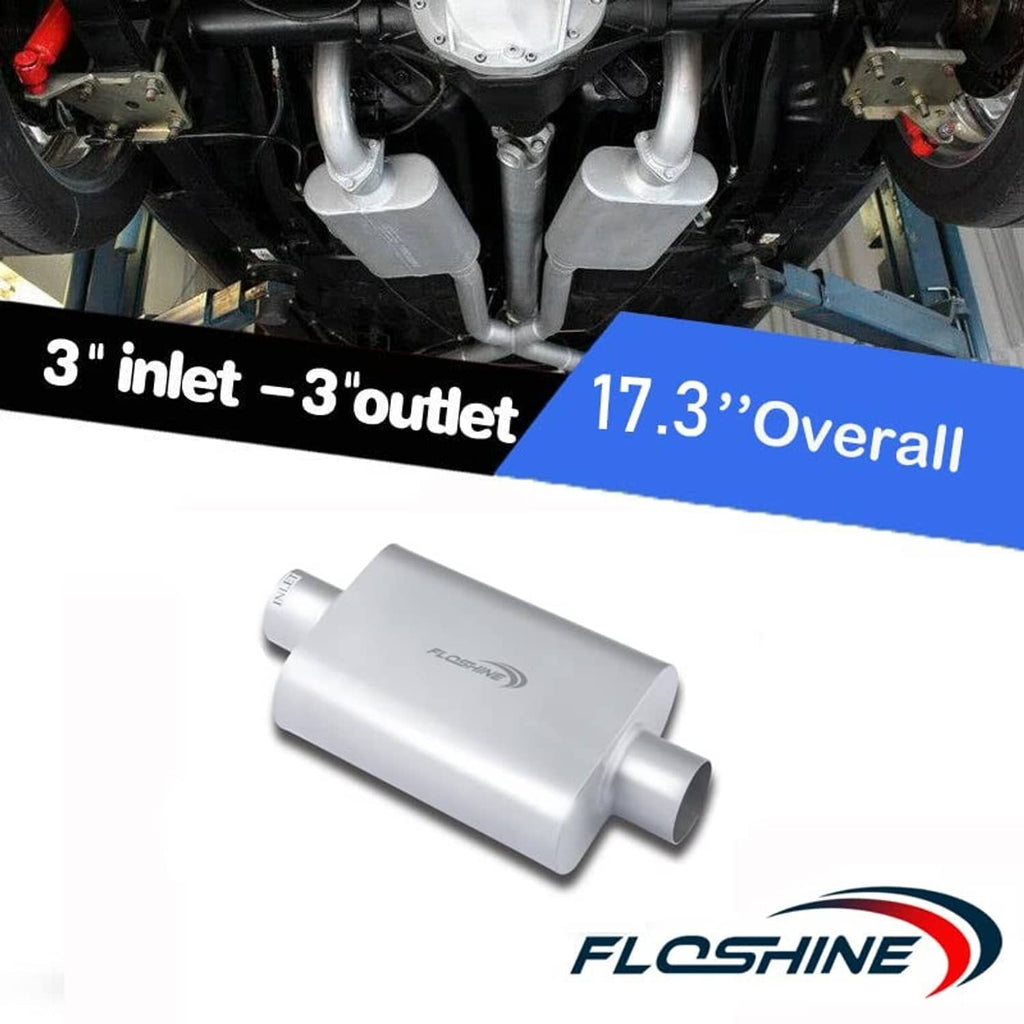 Universal dual-chamber muffler with 3 in inlet and 3 in outlet ports, silver