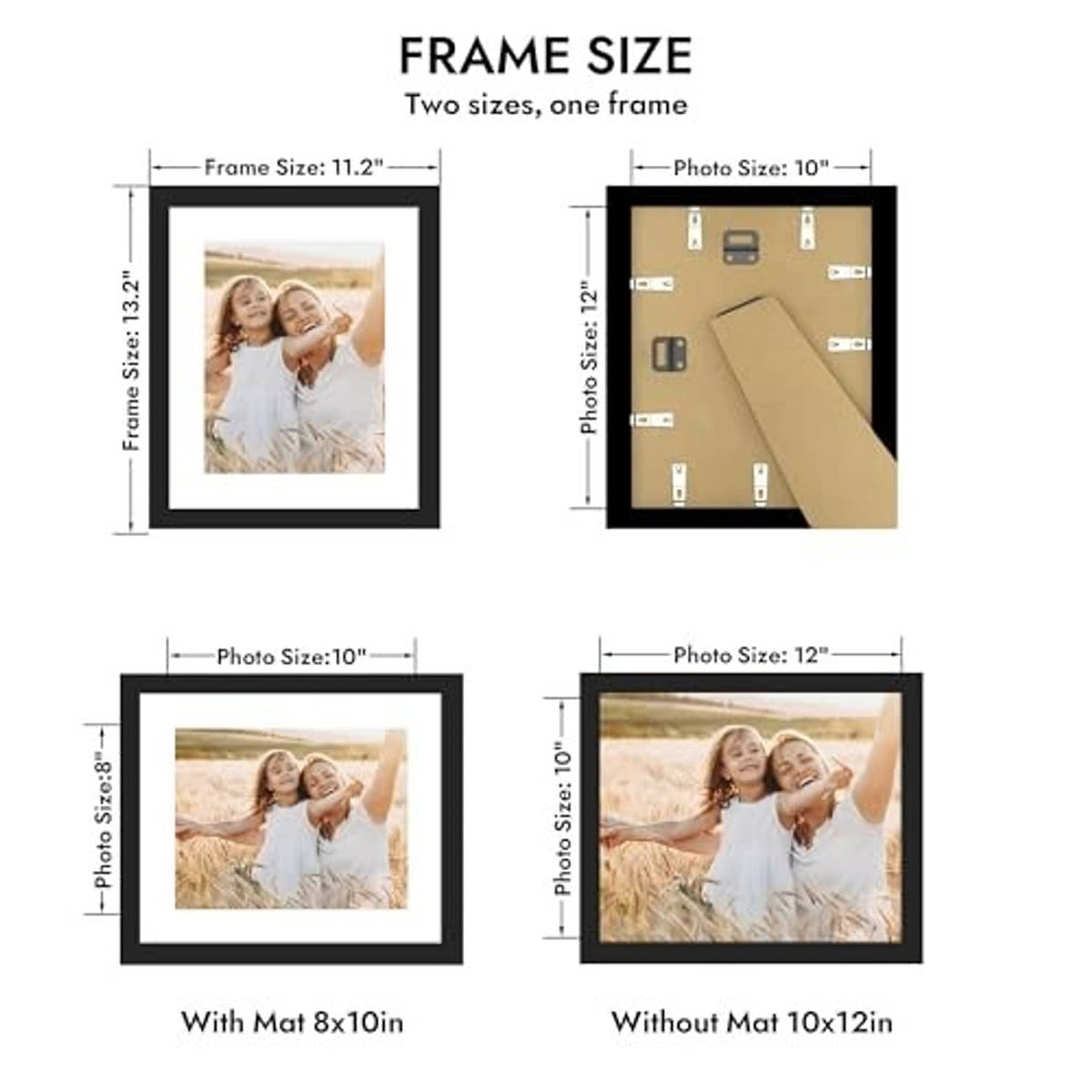 Black 10x12 picture frame glass size diagram with 8x10 mat and photo size options