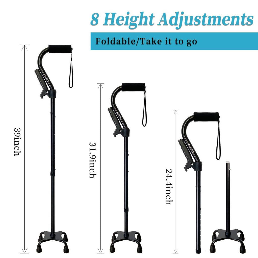 Foldable black quad walking cane with adjustable height settings and strap