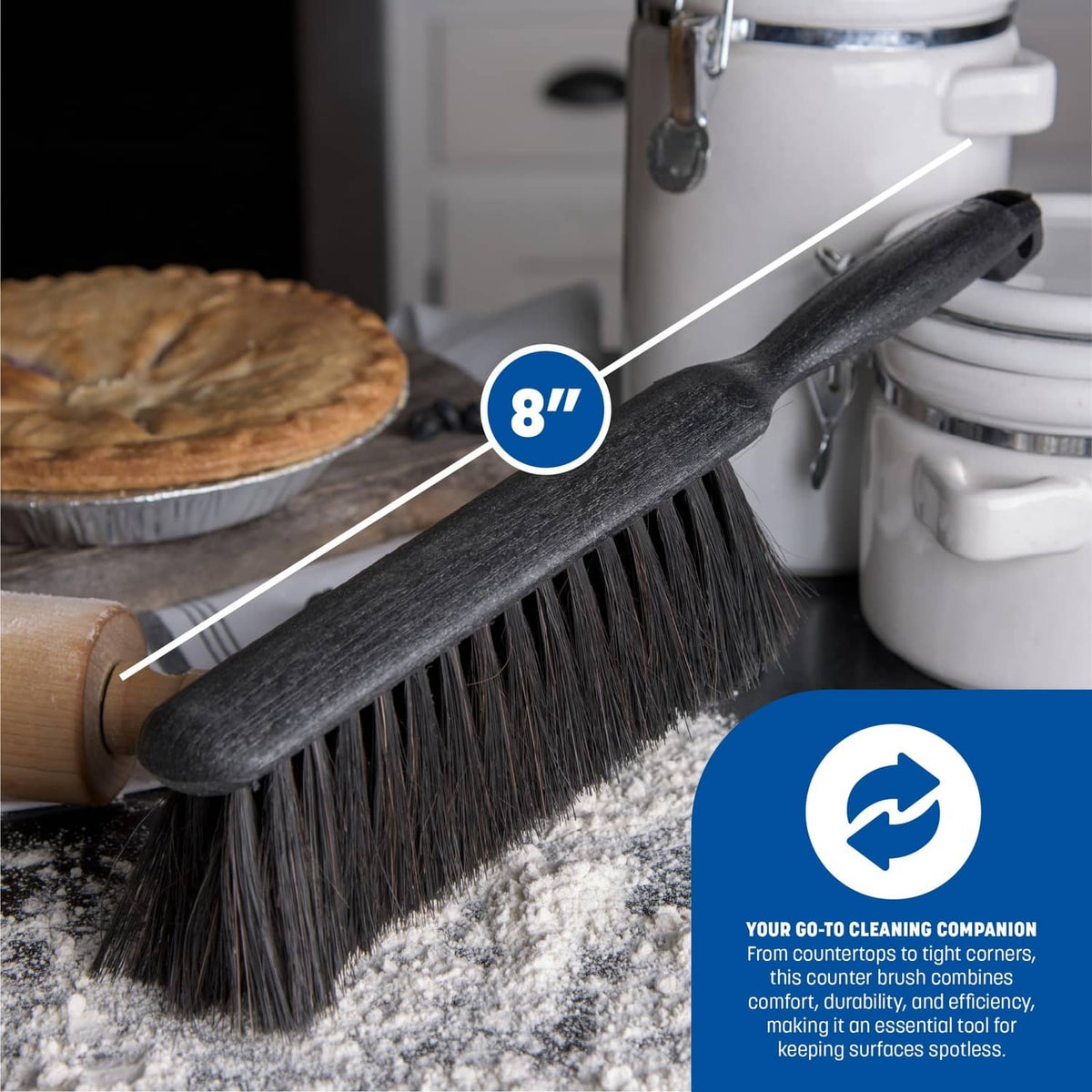 Black 8-inch counter brush with angled bristle head for quick countertop cleanup
