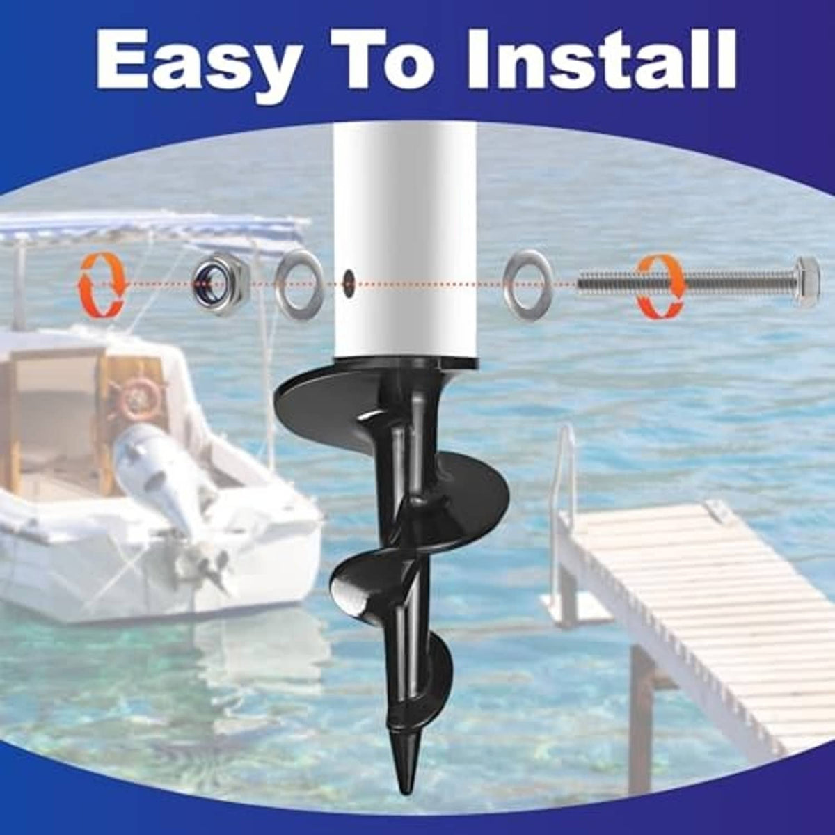 Dock sand auger installation kit with black auger and stainless bolt