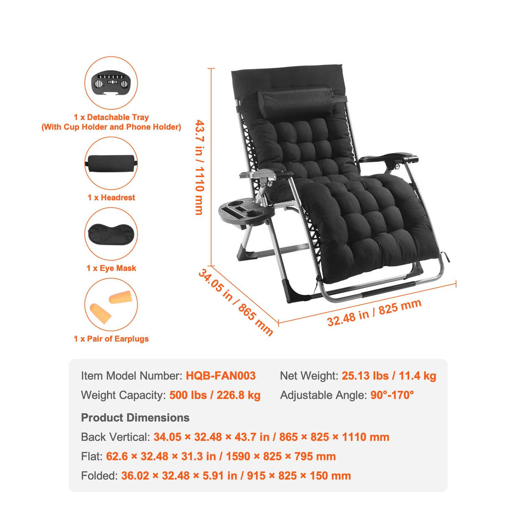 Black zero-gravity lounge recliner chair with padded seat, backrest, and headrest.