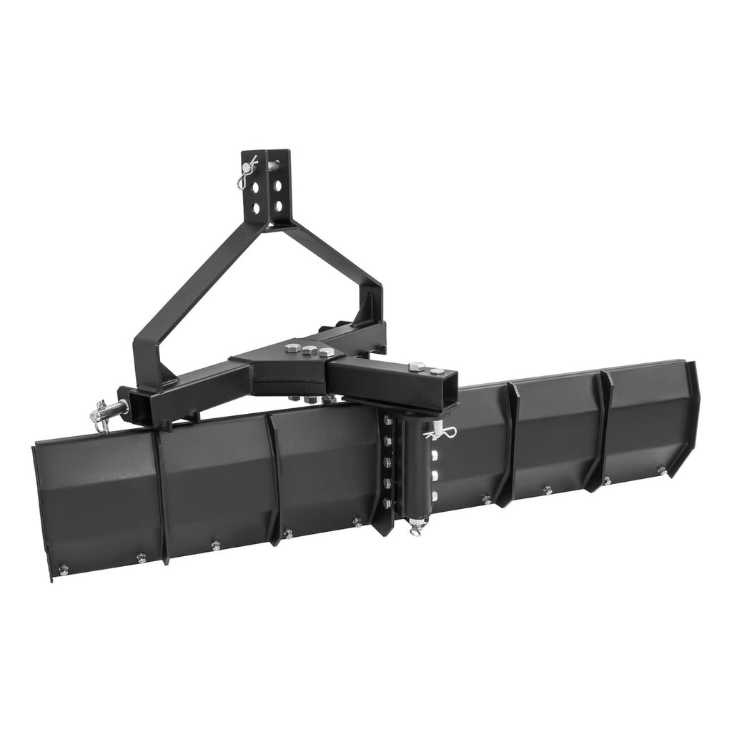 Black steel rear grading blade scraper with centered hitch plate and multi-bolt connection