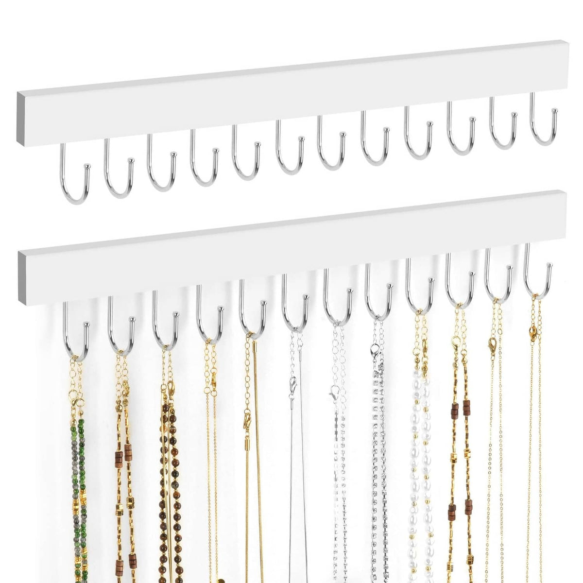 White wooden necklace organizer wall mount with two rows of silver U hooks
