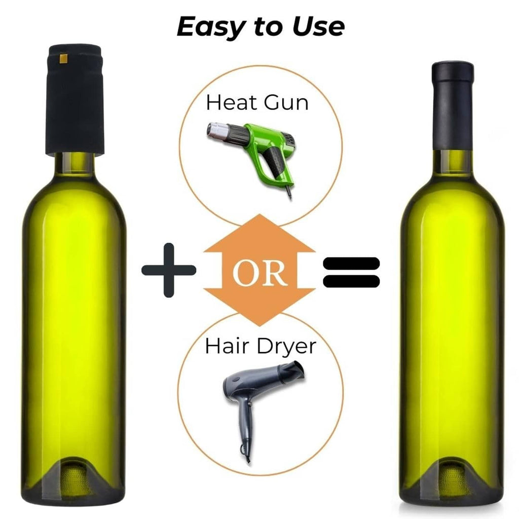 Matte black shrink caps on two wine bottles, each with a yellow pull tab