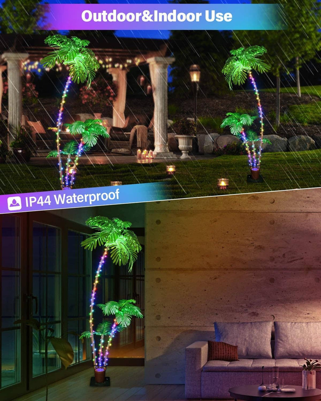 RGB LED palm tree on patio with IP44 waterproof label and indoor/outdoor use inset