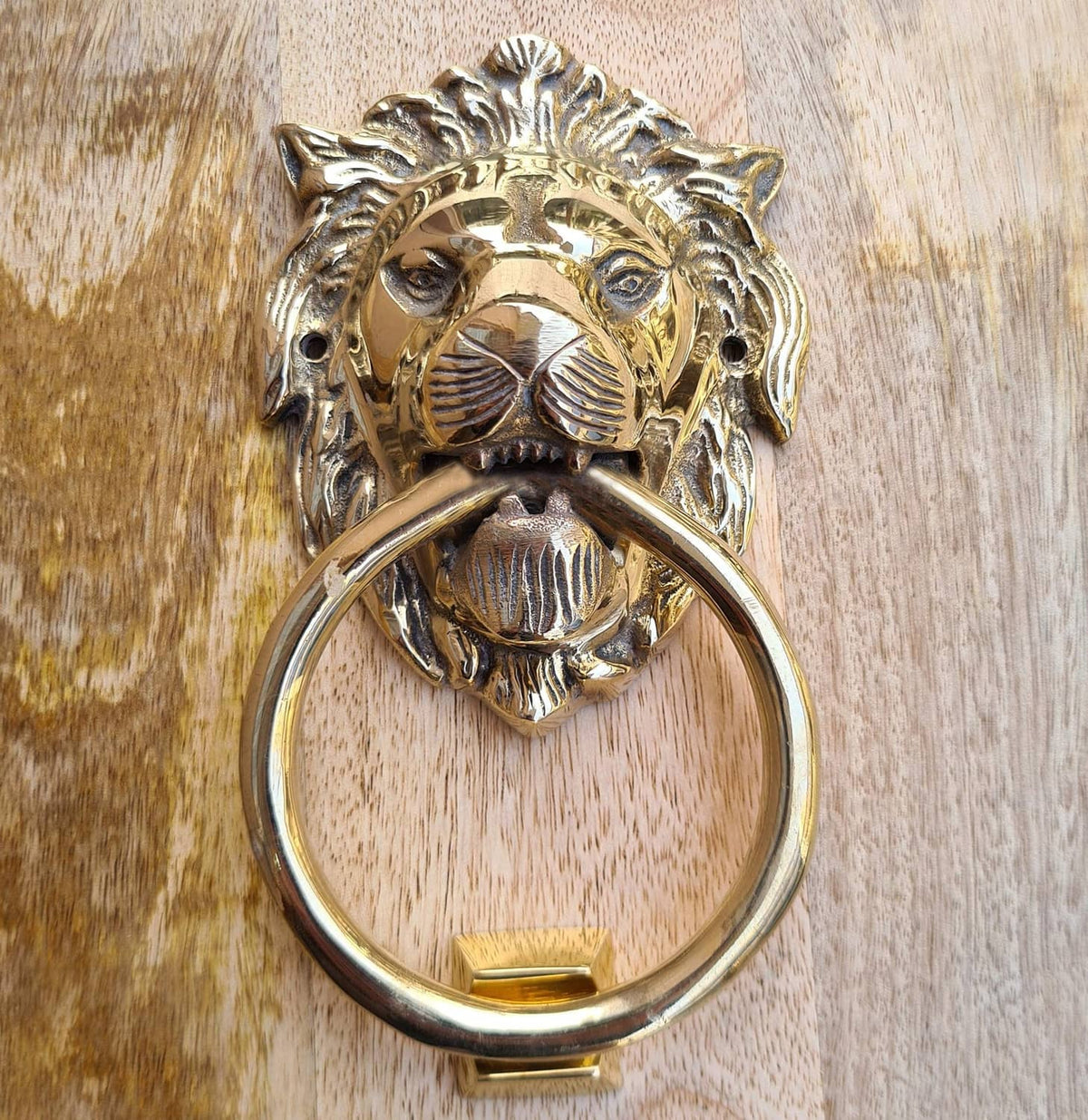 Brass lion door knocker with circular ring and detailed lion-face with arched mane