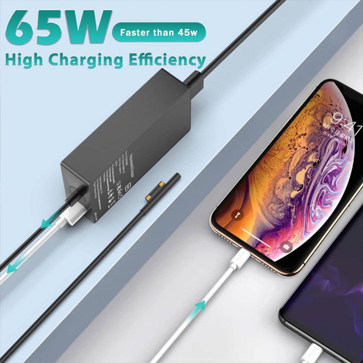 Black Surface-style charger with DC connector and USB output port