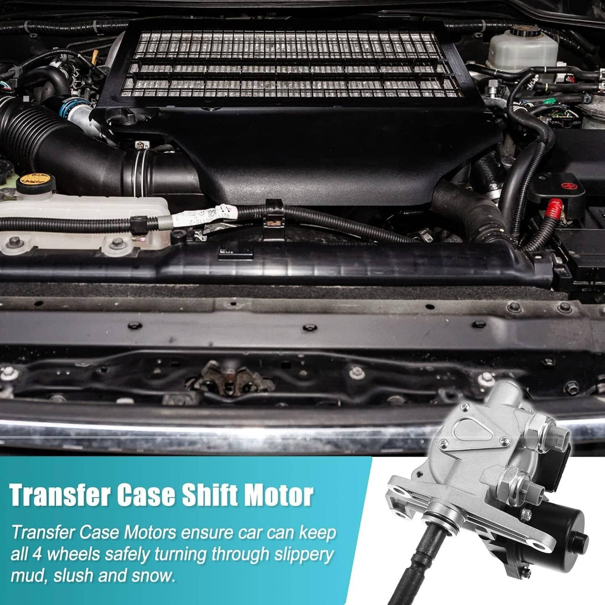 Transfer case shift motor with silver housing and black mounting bracket